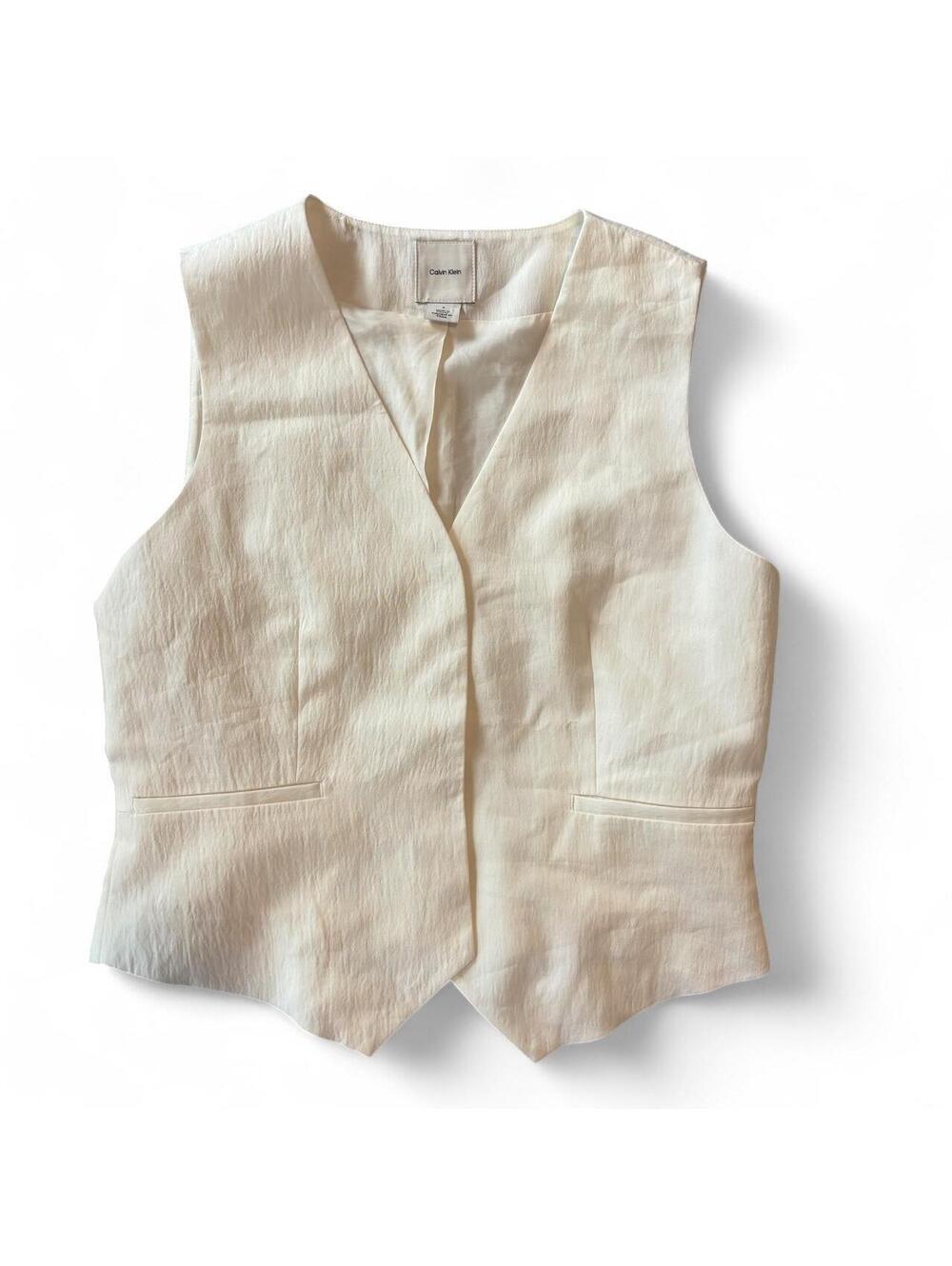 Calvin Klein Cream Linen Blend V-Neck Tailored Vest Waistcoat Size 8